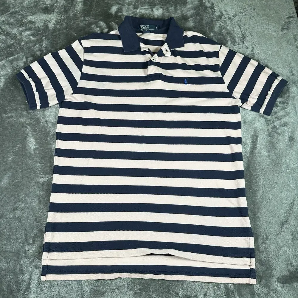 Polo Ralph Lauren Polo Shirt Mens Large Pink/Blue Striped Embroidered Golf